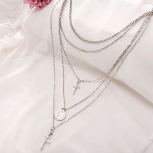 🎉 New Layered Cross & Rose Silver Plated Necklace